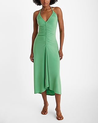 V-neck Ruched Draped Self Tie Sleeveless Cocktail Halter Party Dress/Wedding Dress/Midi Dress