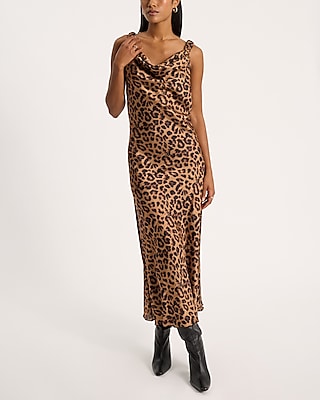 Cowl Neck Draped Satin Animal Leopard Print Slip Dress/Maxi Dress/Midi Dress