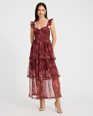 Floral Mesh Sweetheart Flutter Sleeve Ruffle Tiered Maxi Dress