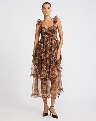 Floral Mesh Sweetheart Flutter Sleeve Ruffle Tiered Maxi Dress