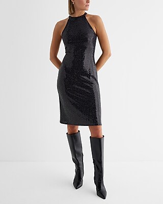 Cocktail & Party,Date Night Sequin Halter Neck Sleeveless Mini Dress Black Women's M