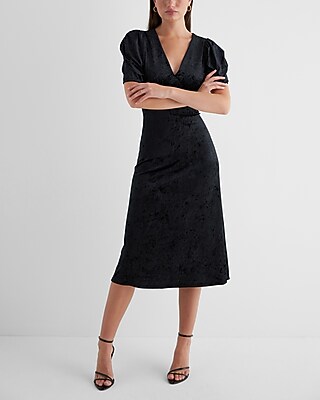 Cocktail & Party Crushed Velvet V-Neck Puff Sleeve Midi Dress Black Women's S