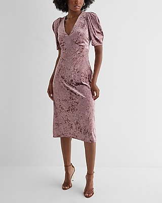 Cocktail & Party Crushed Velvet V-Neck Puff Sleeve Midi Dress Purple Women's XS