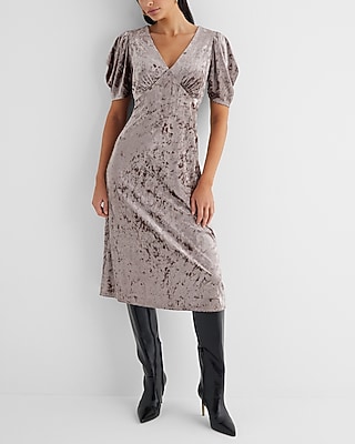 Cocktail & Party Crushed Velvet V-Neck Puff Sleeve Midi Dress