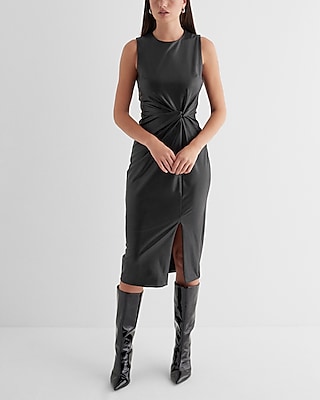 Work,Cocktail & Party Bodycon Faux Leather Twist Front Midi  Dress Black Women's S