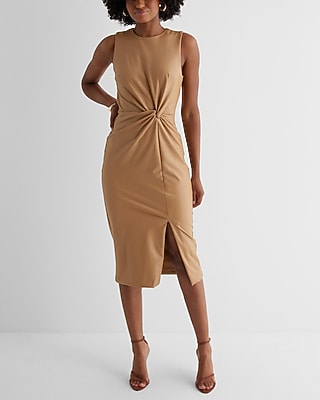 Work,Cocktail & Party Bodycon Faux Leather Twist Front Midi  Dress Brown Women's XS