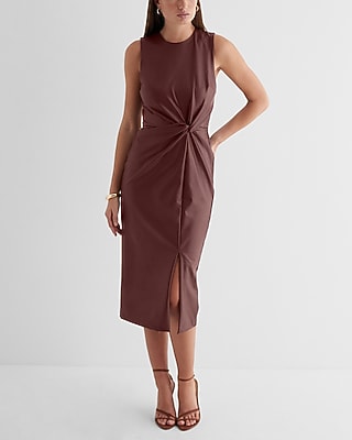 Work,Cocktail & Party Bodycon Faux Leather Twist Front Midi  Dress