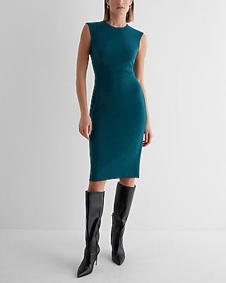 Work Crew Neck Cap Sleeve Back Zipper Midi  Dress Green Women's M