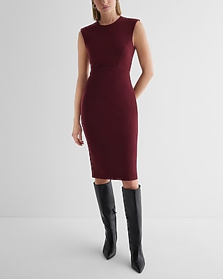 Work Crew Neck Cap Sleeve Back Zipper Midi  Dress Red Women's XS