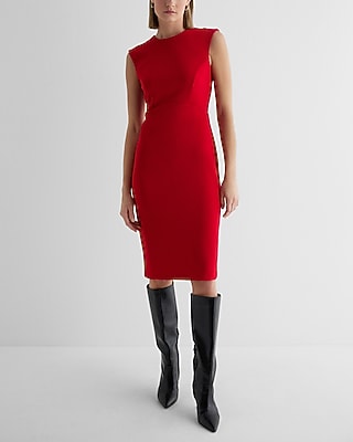 Work Crew Neck Cap Sleeve Back Zipper Midi  Dress Red Women's XS
