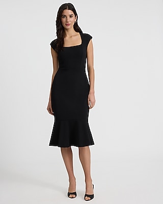 Below the Knee Cap Sleeves Back Zipper Square Neck Dress