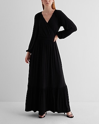 Casual V-Neck Long Sleeve Surplice Tiered Maxi Dress Black Women's XS