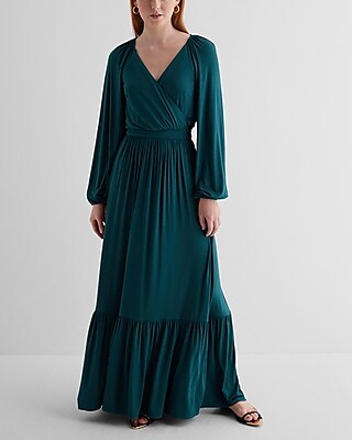 Express Casual V-Neck Long Sleeve Surplice Tiered Maxi Dress Green Women's  XS