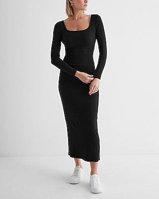 Casual Ribbed Square Neck Long Sleeve Maxi Dress