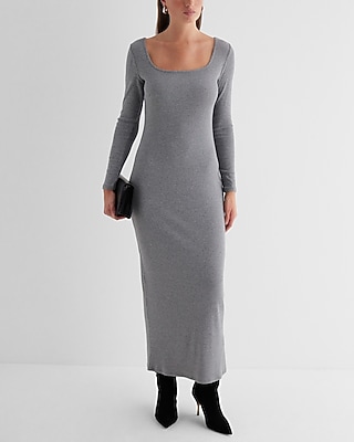 Casual Ribbed Square Neck Long Sleeve Maxi Dress Gray Women's S