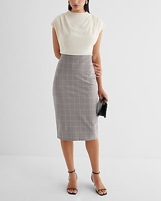 Work Plaid Draped Mock Neck Midi  Dress