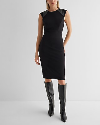 Work Faux Leather Pieced Crew Neck Cap Sleeve Midi  Dress
