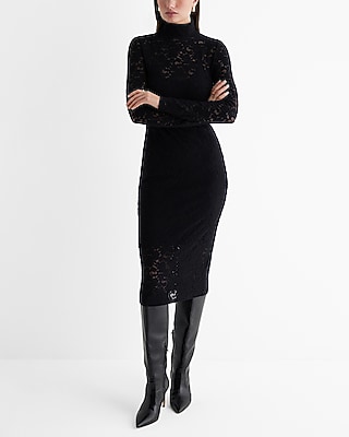 Date Night,Cocktail & Party Lace Mock Neck Long Sleeve Midi  Dress