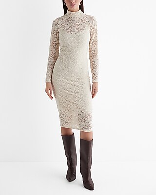 Date Night,Cocktail & Party Lace Mock Neck Long Sleeve Midi  Dress Neutral Women's L