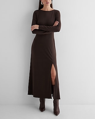 Date Night,Casual Boat Neck Long Sleeve Side Slit Maxi Dress Brown Women's L