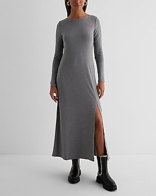 Date Night,Casual Boat Neck Long Sleeve Side Slit Maxi Dress Gray Women's L
