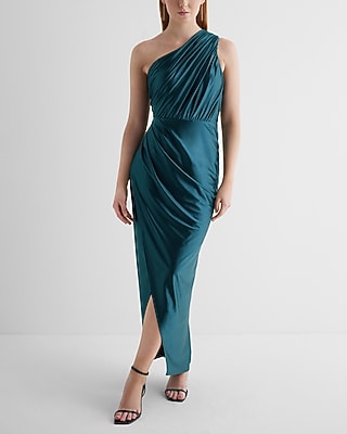 Cocktail & Party Satin One Shoulder Ruched Maxi Dress Green Women's L