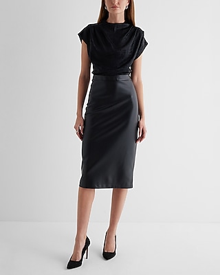 Work Metallic Draped Mock Neck Faux Leather Midi  Dress