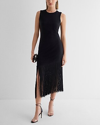 Date Night,Cocktail & Party Crew Neck Fringe Asymmetrical Hem Midi  Dress