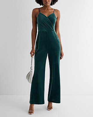 Date Night,Cocktail & Party Velvet V-Neck Surplice Wide Leg Palazzo Jumpsuit Green Women's S
