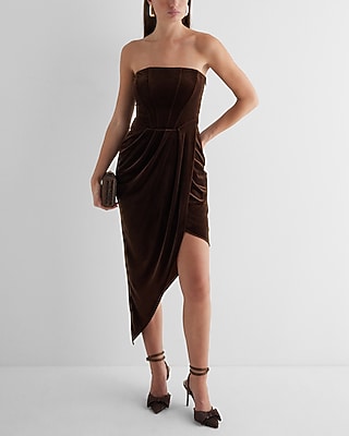 Cocktail & Party Velvet Strapless Corset Asymmetrical Midi  Dress