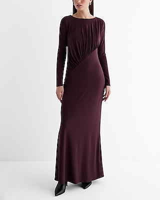 Ruched Bateau Neck Long Sleeves Maxi Dress