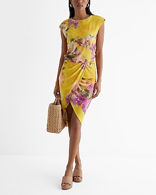 Work,Vacation,Bridal Shower Floral Crew Neck Cap Sleeve Ruched Draped Midi Dress Yellow Women's XS