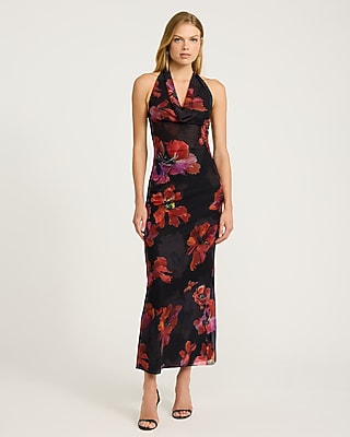 Floral Mesh Halter Cowl Neck Maxi Sheath Dress