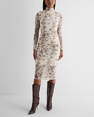 Date Night,Cocktail & Party Printed Mesh Mock Neck Long Sleeve Ruched Midi Dress