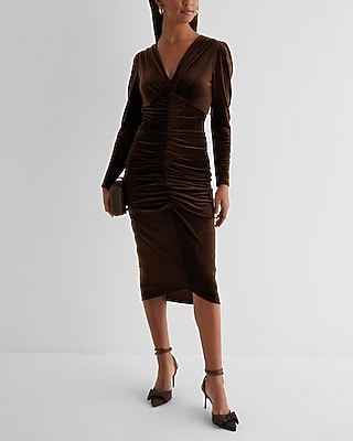 Cocktail & Party Velvet V-Neck Puff Sleeve Ruched Midi  Dress