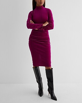 Cocktail & Party Shine Mesh Mock Neck Long Sleeve Ruched Midi Dress