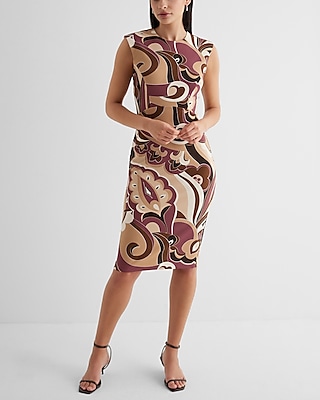 Work Printed Crew Neck Cap Sleeve Back Zipper Midi  Dress