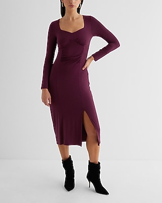 Cocktail & Party Sweetheart Neckline Long Sleeve Ruched Side Slit Midi Dress Red Women's L