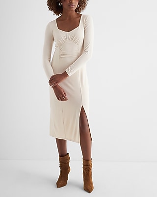 Cocktail & Party Sweetheart Neckline Long Sleeve Ruched Side Slit Midi Dress Neutral Women's M