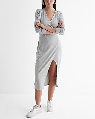 V-neck Long Sleeves Slit Wrap Midi Dress