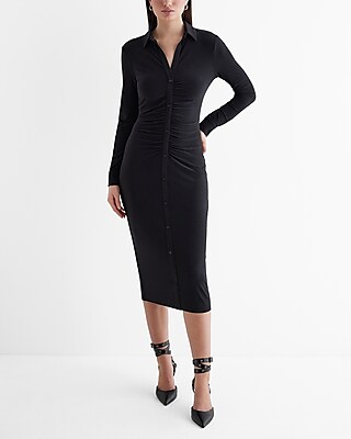 Work,Date Night,Casual Long Sleeve Ruched Polo Midi Shirt Dress