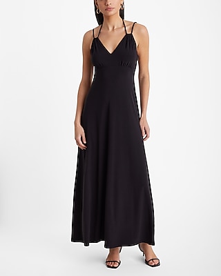 V-neck Knit Self Tie Sleeveless Spaghetti Strap Halter Maxi Dress