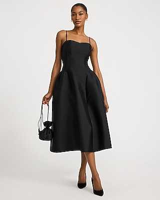 Satin Sweetheart Drop Waist Midi Fit and Flare Dress with Pockets