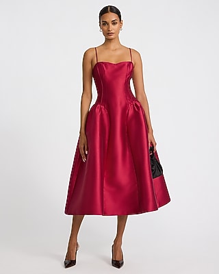 Satin Sweetheart Drop Waist Midi Fit and Flare Dress with Pockets