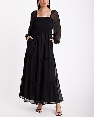 Date Night Square Neck Long Sleeve Smocked Tiered Maxi Dress Black Women