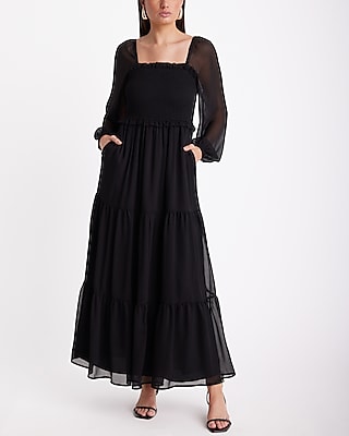 Date Night Square Neck Long Sleeve Smocked Tiered Maxi Dress