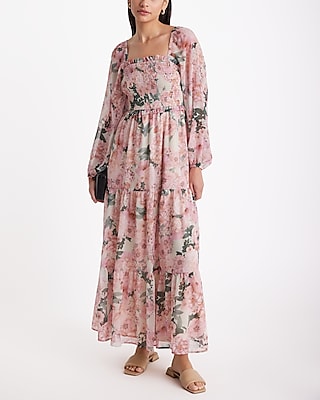 Vacation Floral Square Neck Long Sleeve Smocked Tiered Maxi Dress Multi-Color Women's