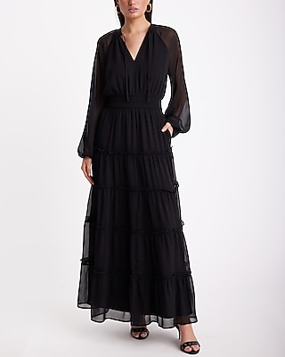 Tie V-Neck Long Sleeve Smocked Waist Tiered Maxi Dress Black Women's XS