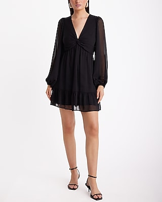 Date Night,Cocktail & Party V-Neck Long Sleeve Twist Front Mini Dress