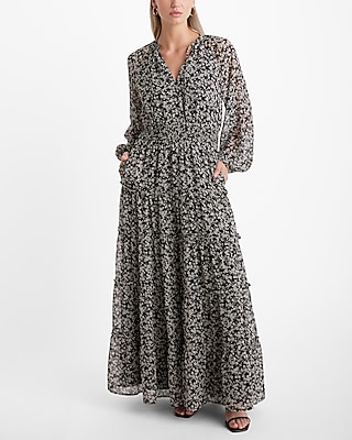 Floral Tie V-Neck Long Sleeve Smocked Waist Tiered Maxi Dress